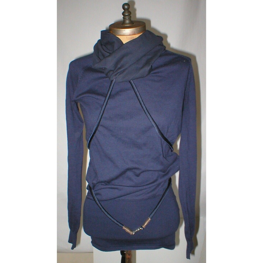 NWT New Womens Designer Acne Blouse Top XS Jersey Navy Blue Belt LS Dark Cotton